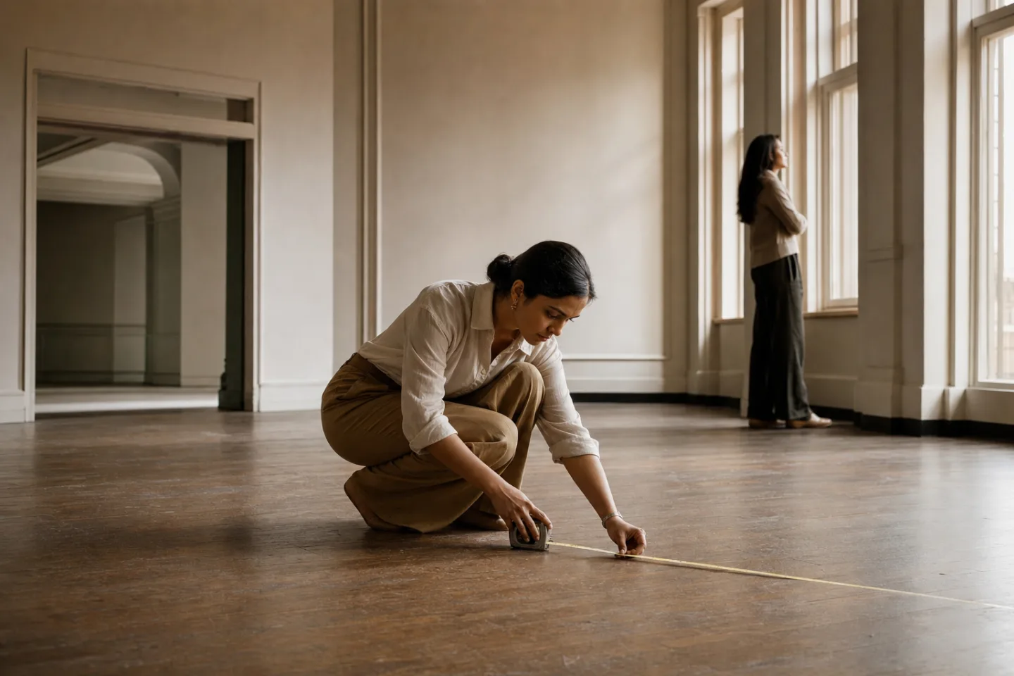 Priya measures an empty event room while a client studies the afternoon light.