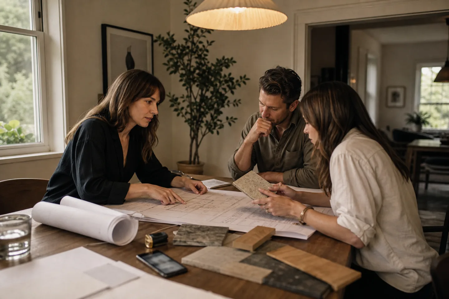 Elise and a couple review plans and material samples around a dining table.