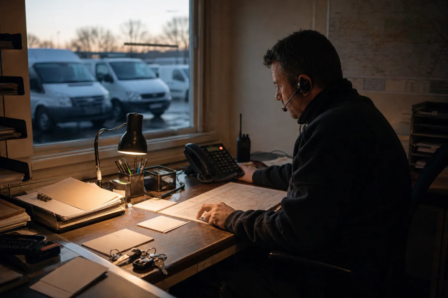 A dispatcher reviews a route sheet and voicemail at an early-morning service desk.