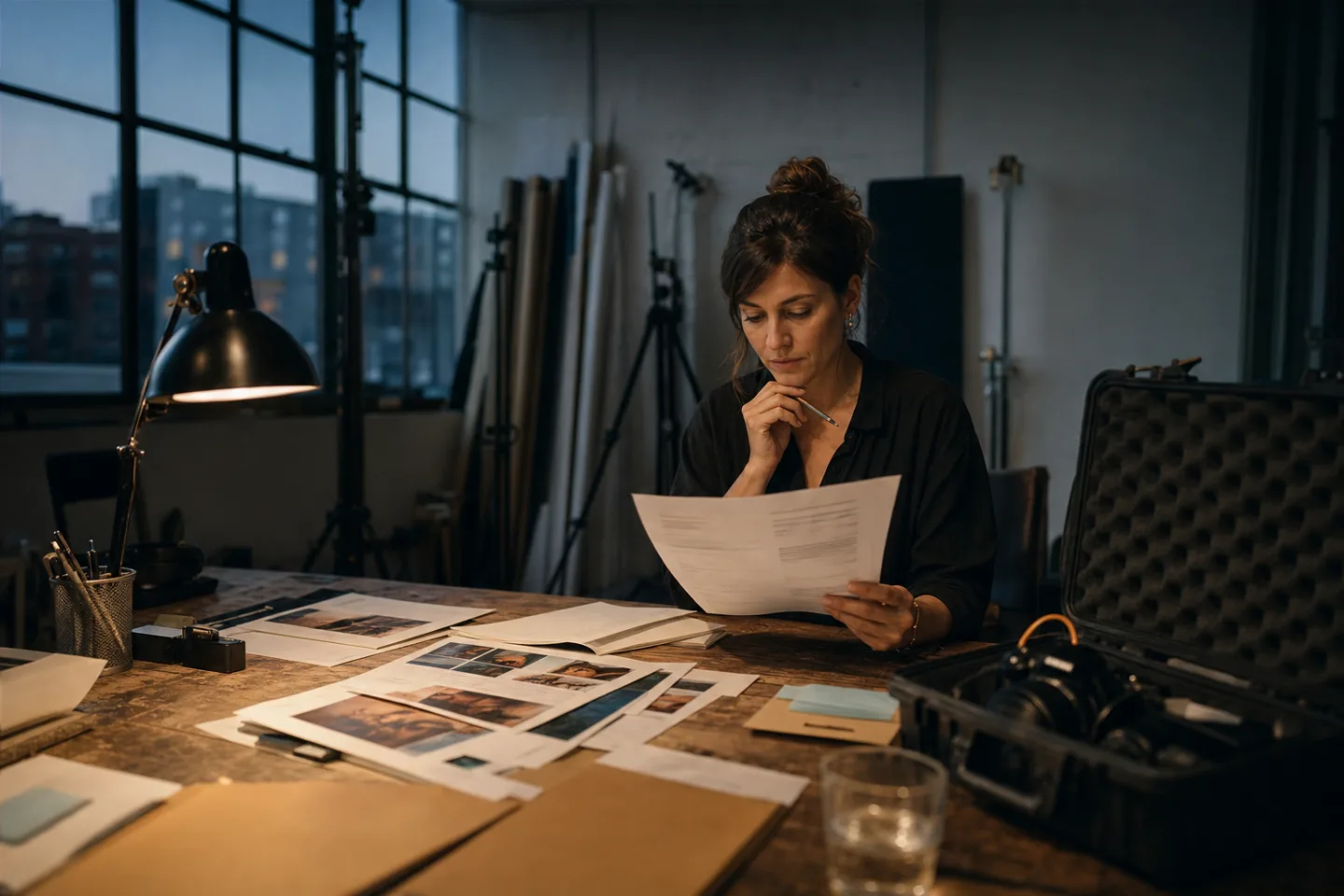 Sofia considers an invoice beside color proofs and a packed camera case at dusk.