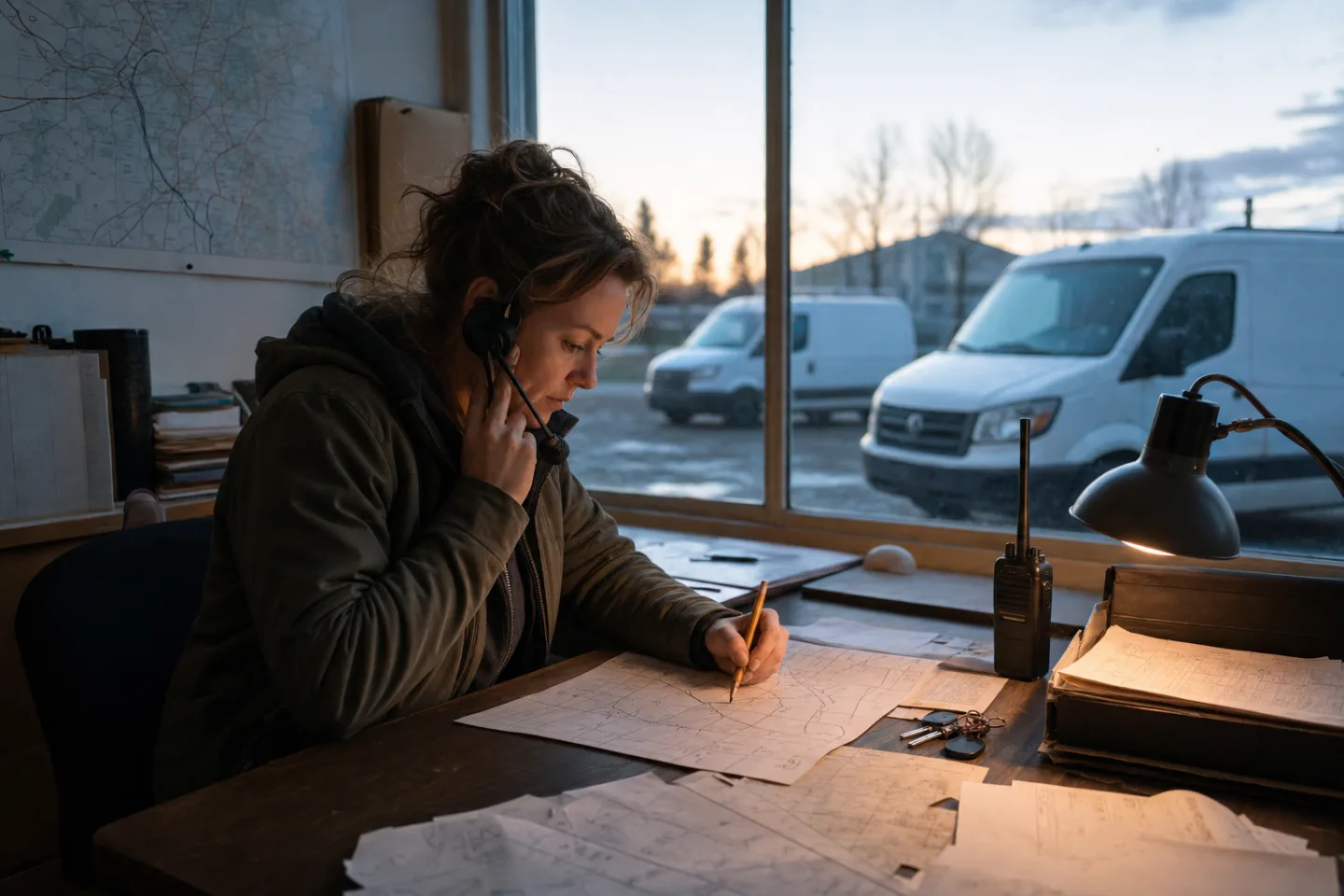 A home-services dispatcher reviews a route sheet while listening to a client call.