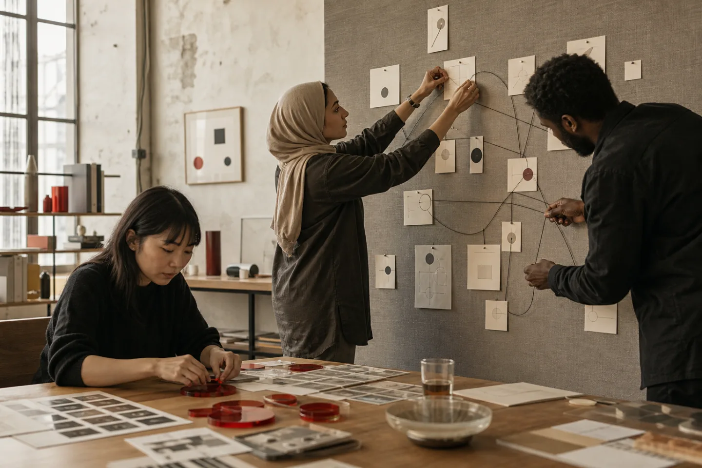 The Sepia Labs team maps how client-business systems connect across cards and materials on the office table.