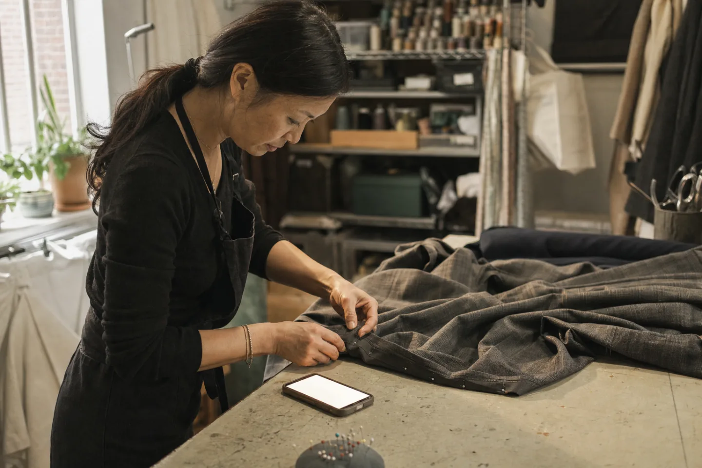 Mei pins a garment hem while a phone lights on the nearby cutting table.