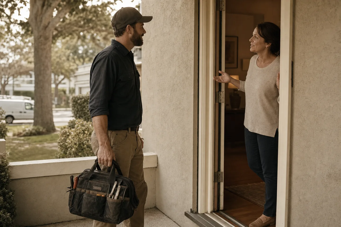 A Northline technician arrives at a home with a compact tool bag and service van nearby.