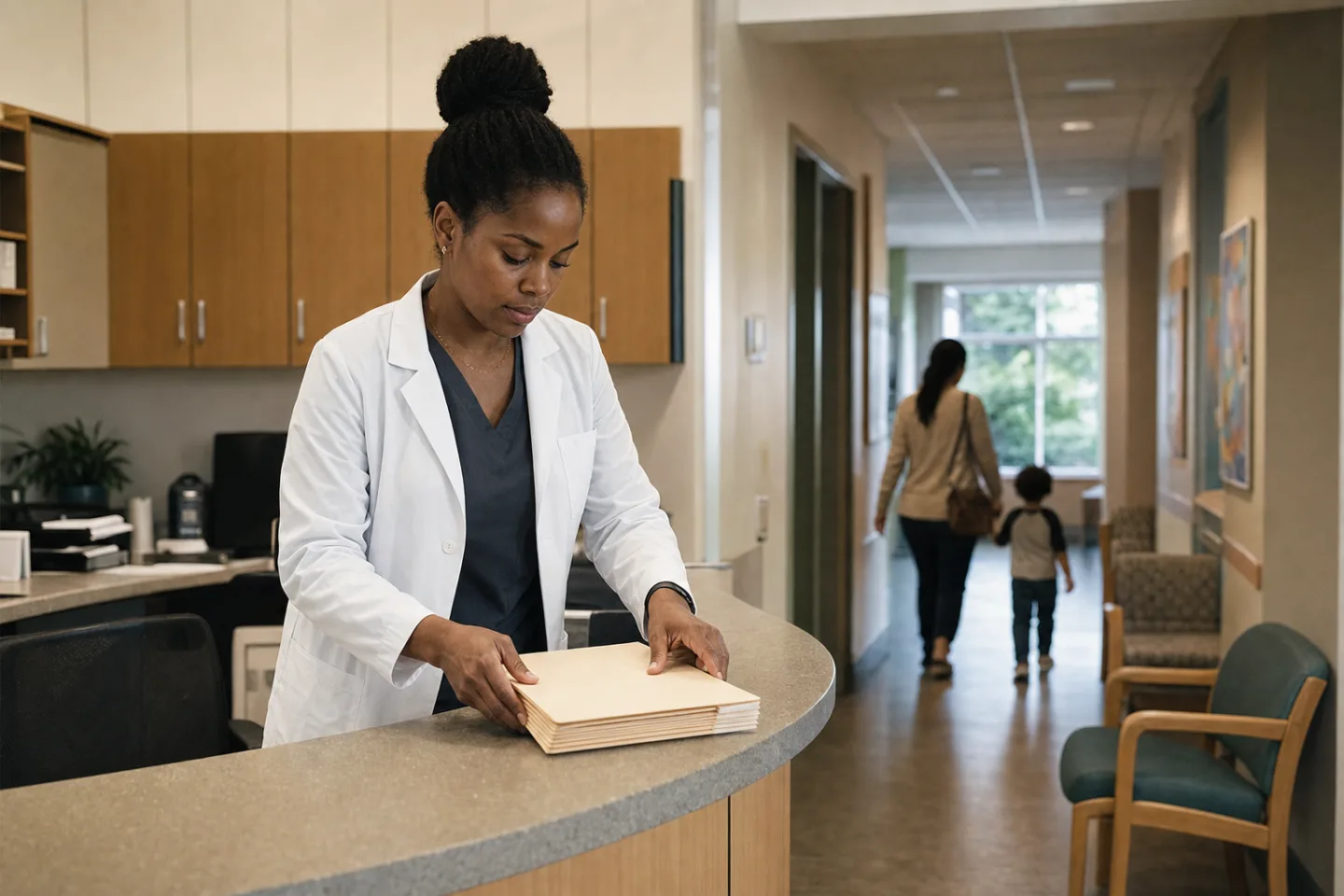 Dr. Lena Okafor arranges blank intake folders in a quiet pediatric reception area.