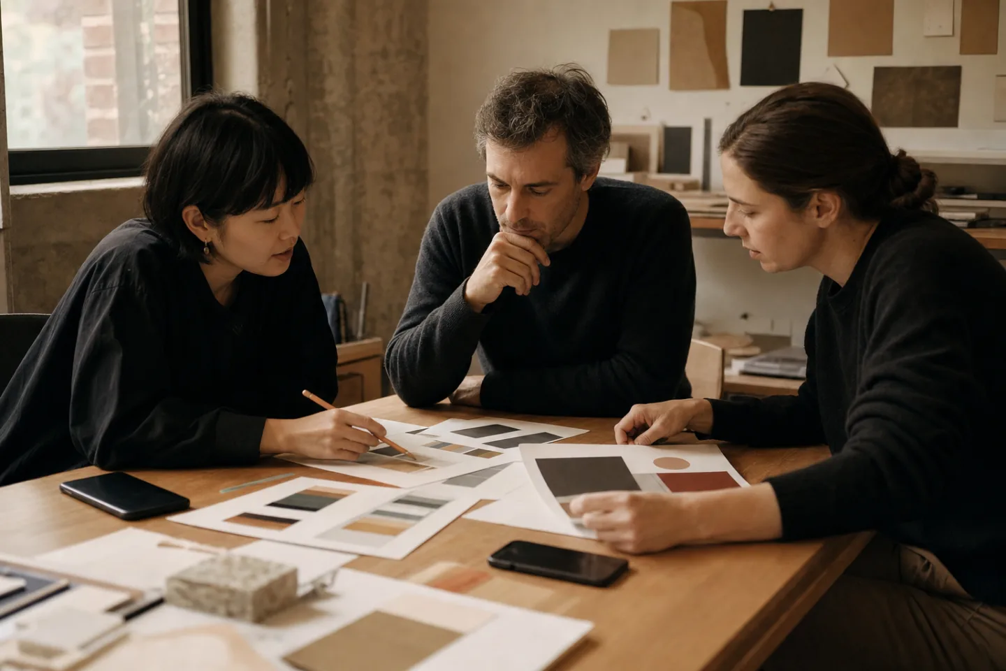 Noa, a founder, and a finance lead review marked-up identity sheets around a small table.