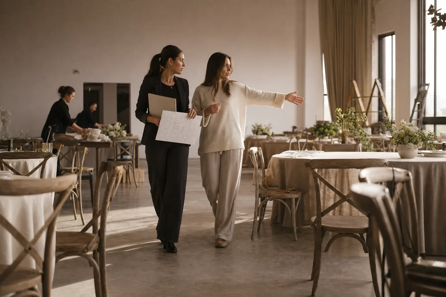Priya and a client walk through a half-set event venue with a table plan.