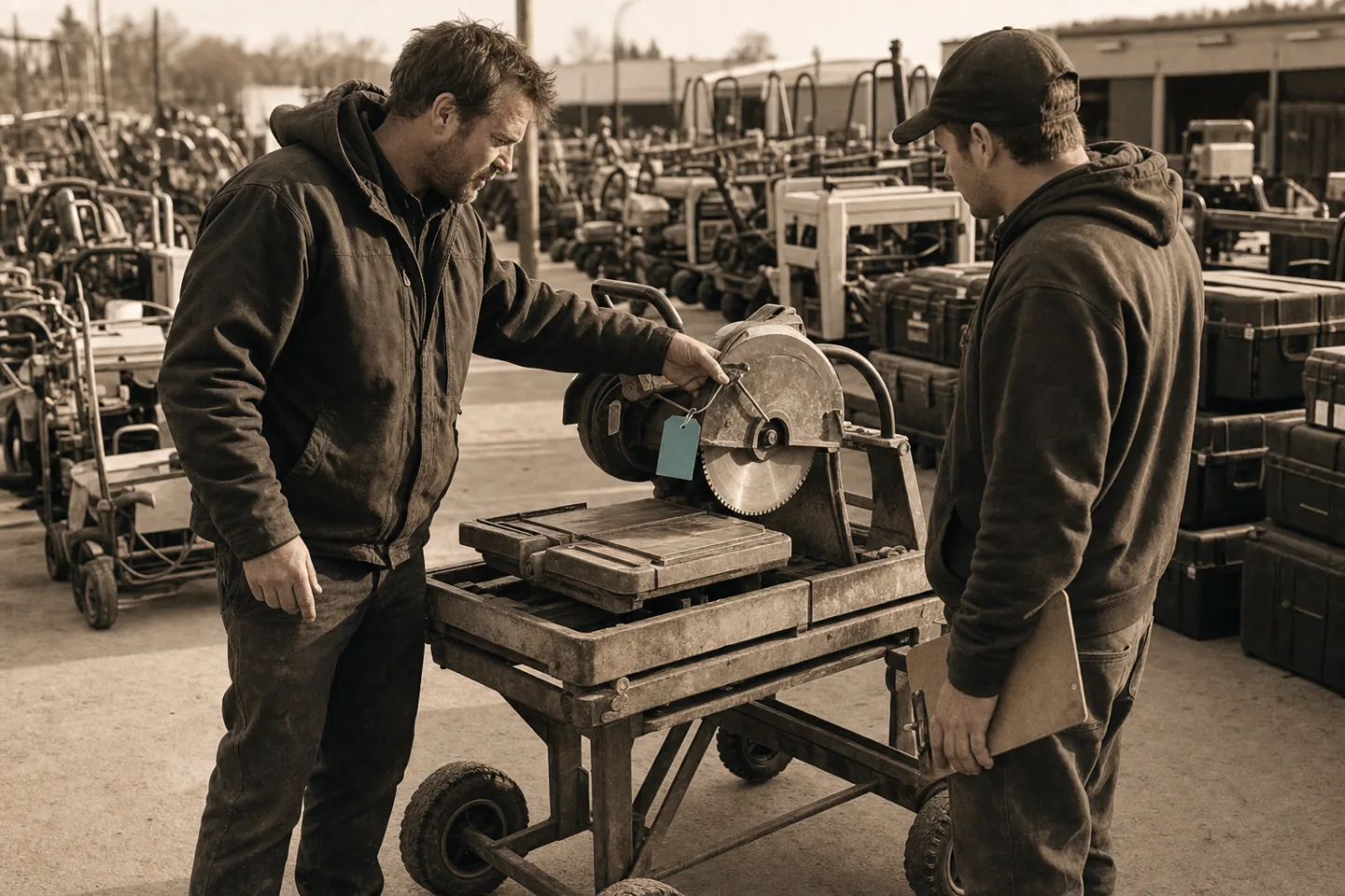 Dean and a coworker confer beside a tile saw in an equipment rental yard.