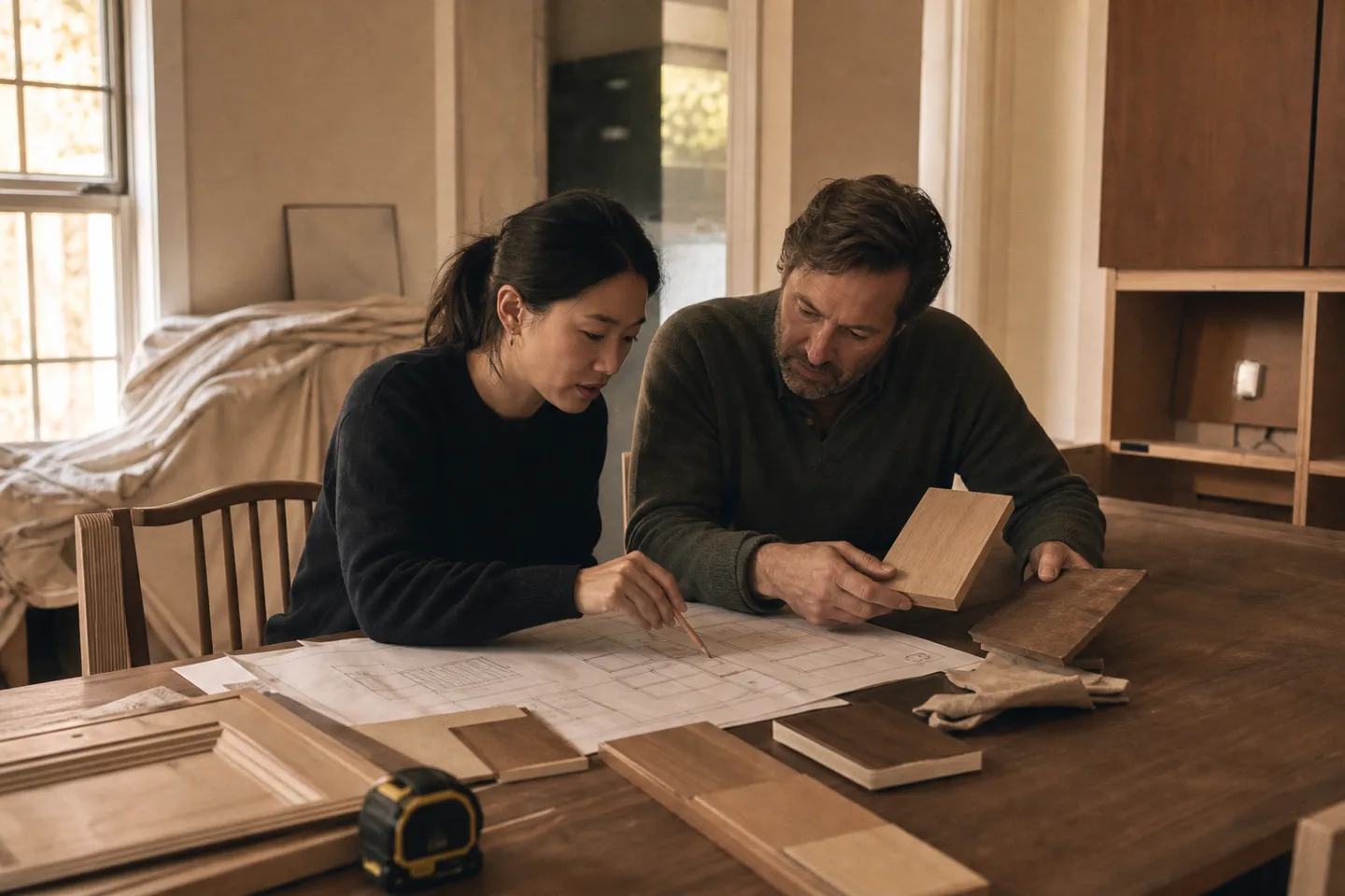 Elise and a homeowner discuss joinery drawings and wood samples in a sunlit room.