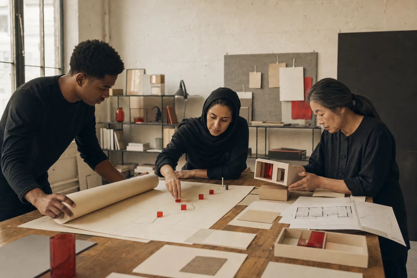 Sepia Labs strategists study small-business workflows and physical prototypes in the daylight office.