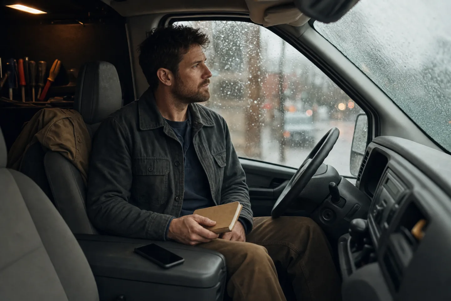 Jonah closes a notebook inside a parked service van while rain falls on the windshield.