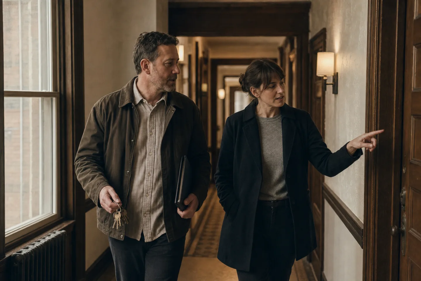 Outgoing and incoming property managers walk a corridor with keys and a slim binder.