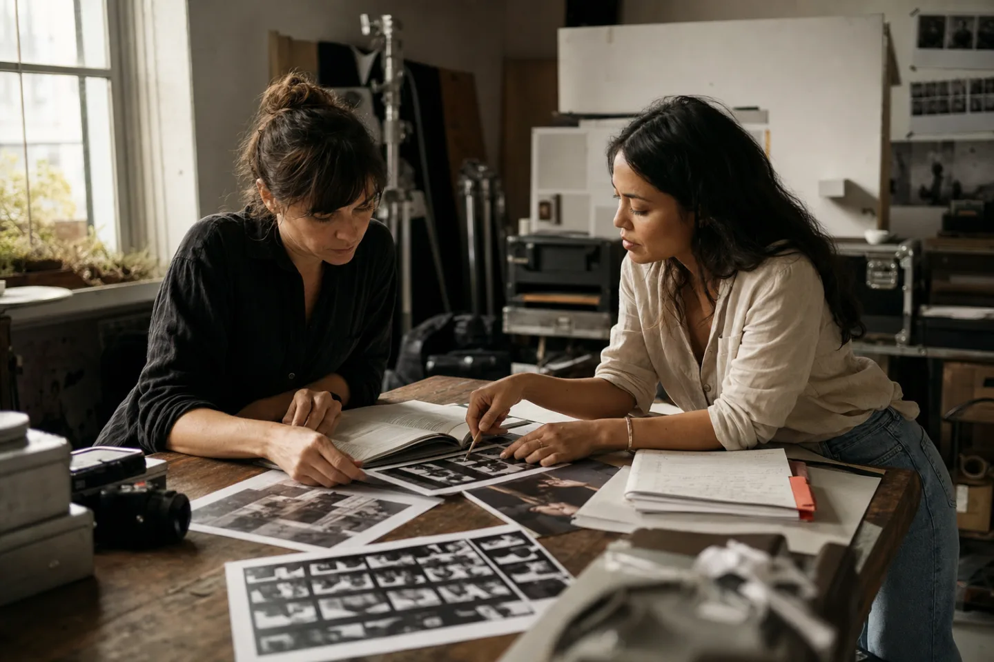 Sofia and Maya review printed campaign frames together at a studio worktable.