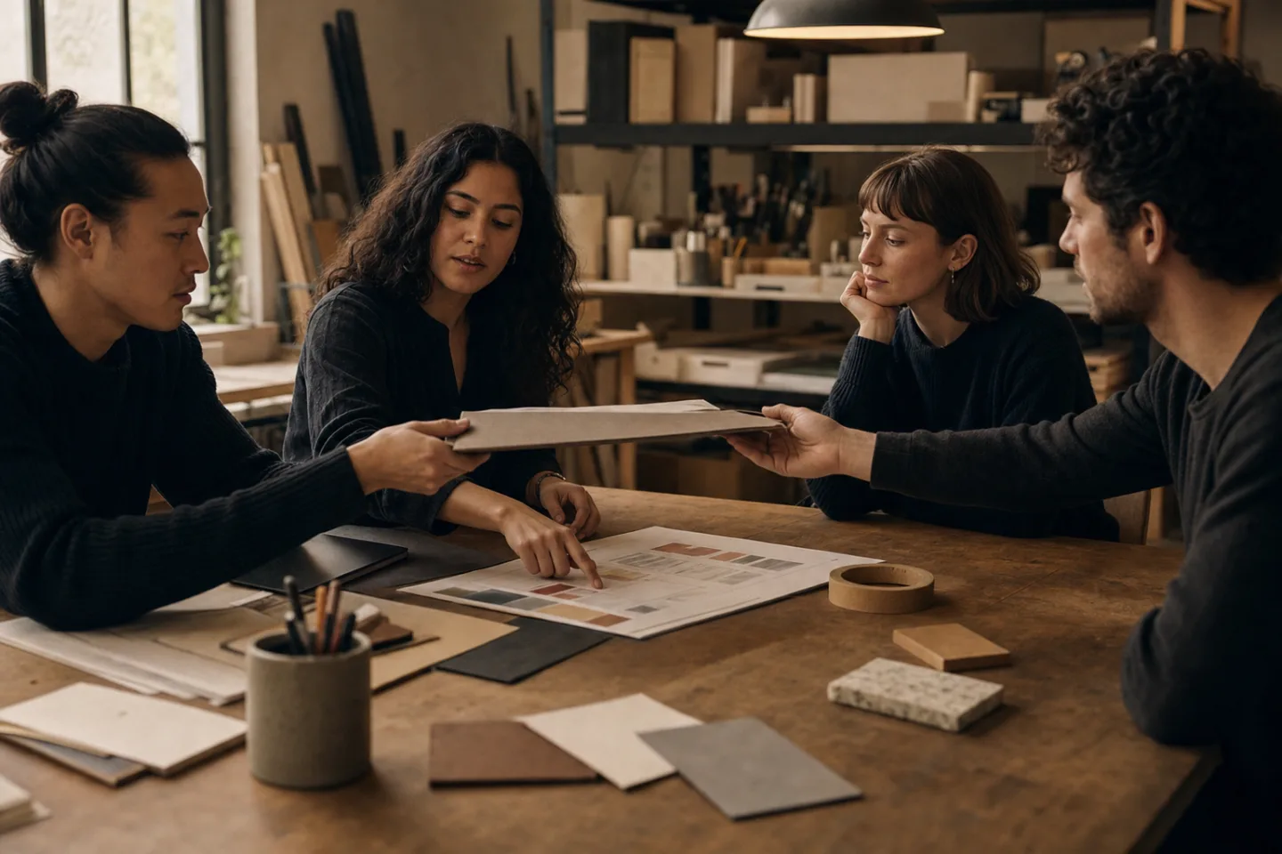 Maya sits with the Northstar team as a physical project folder passes across the table.