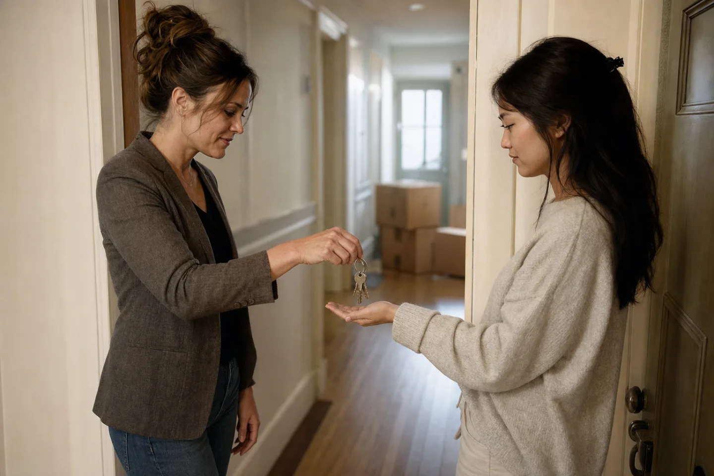 Tessa hands apartment keys to a new resident with moving boxes in the hallway.