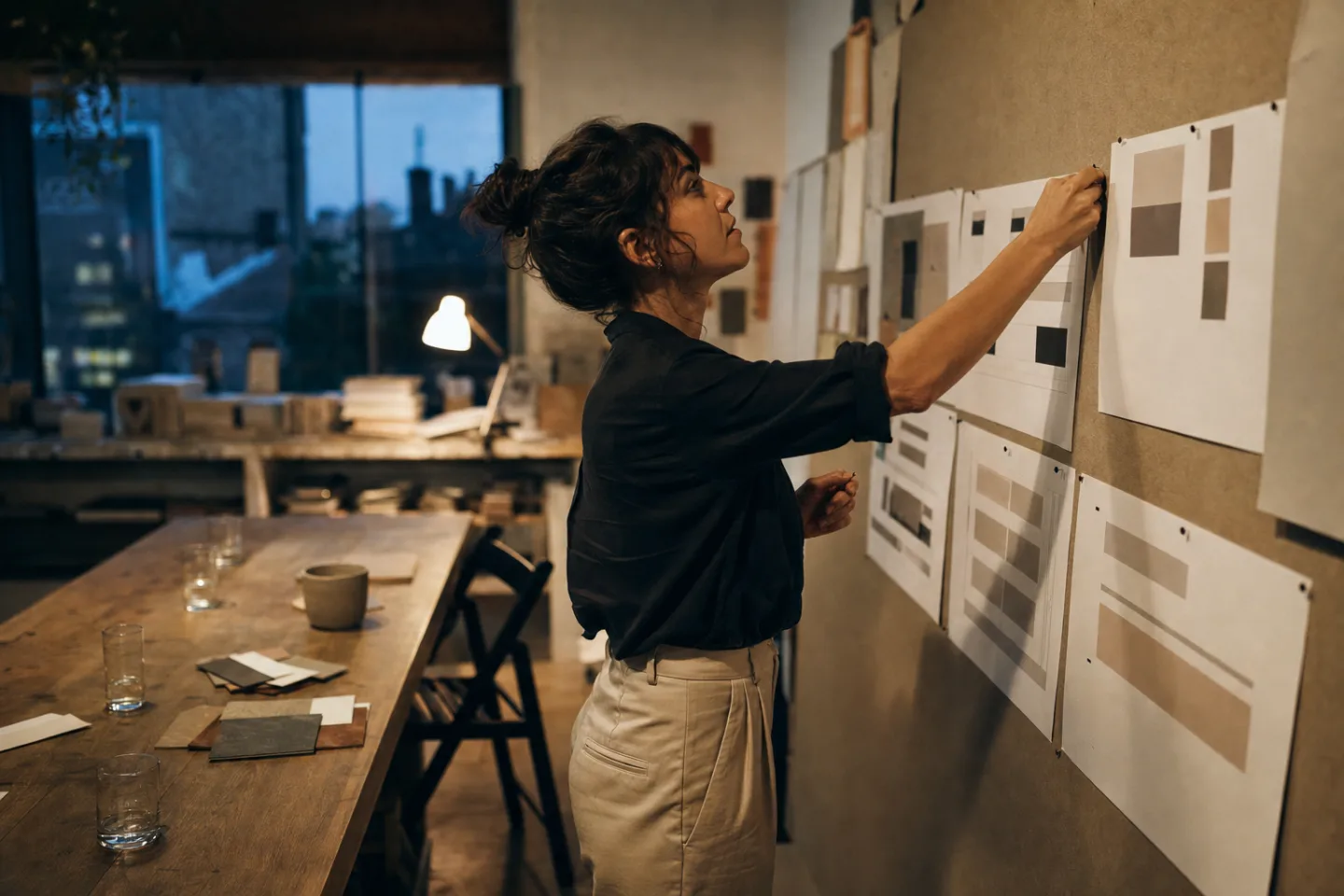 Noa pins scope pages and a project calendar to a studio wall after a client meeting.