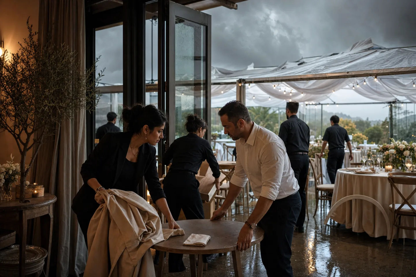 Priya and a venue manager move an anniversary dinner indoors as a storm arrives.