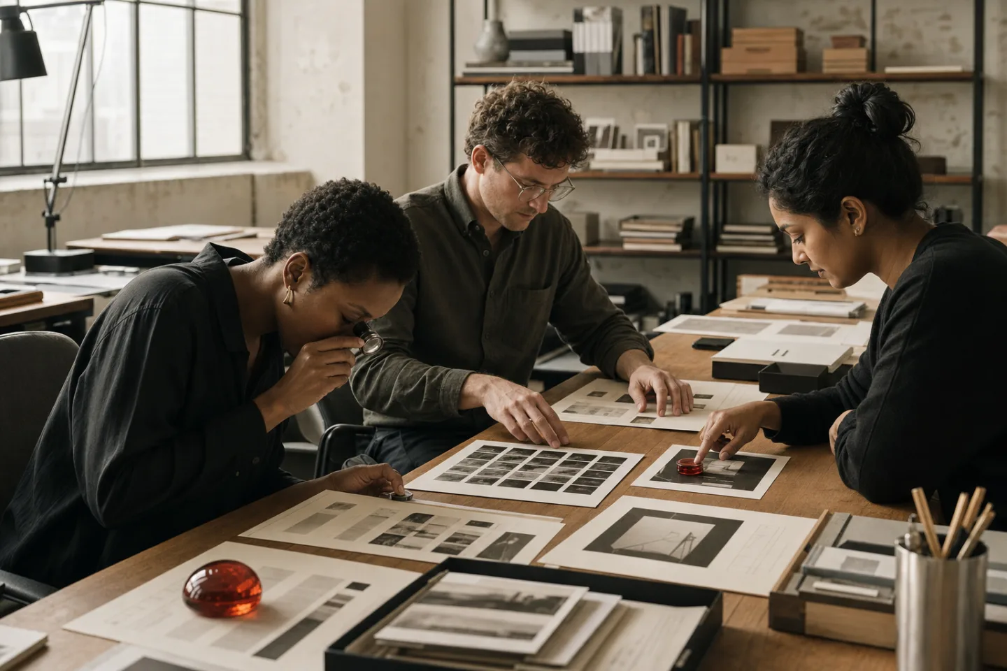 A Sepia Labs research lead reviews evidence and confidence notes with two teammates in the office library.
