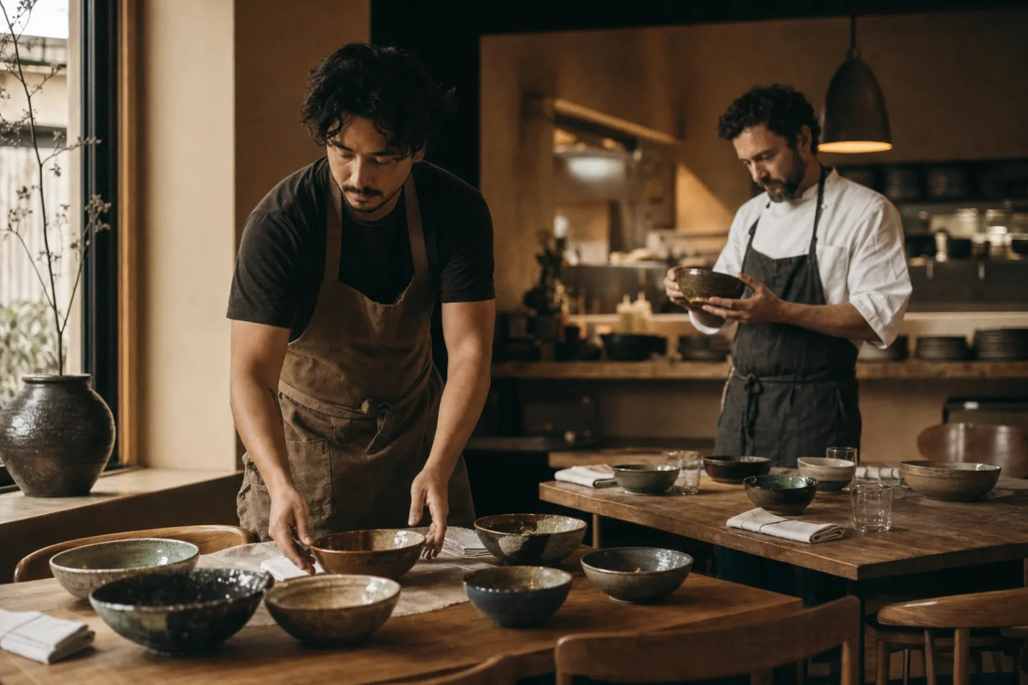 Mateo sets handmade bowls on restaurant tables while a chef inspects a piece.