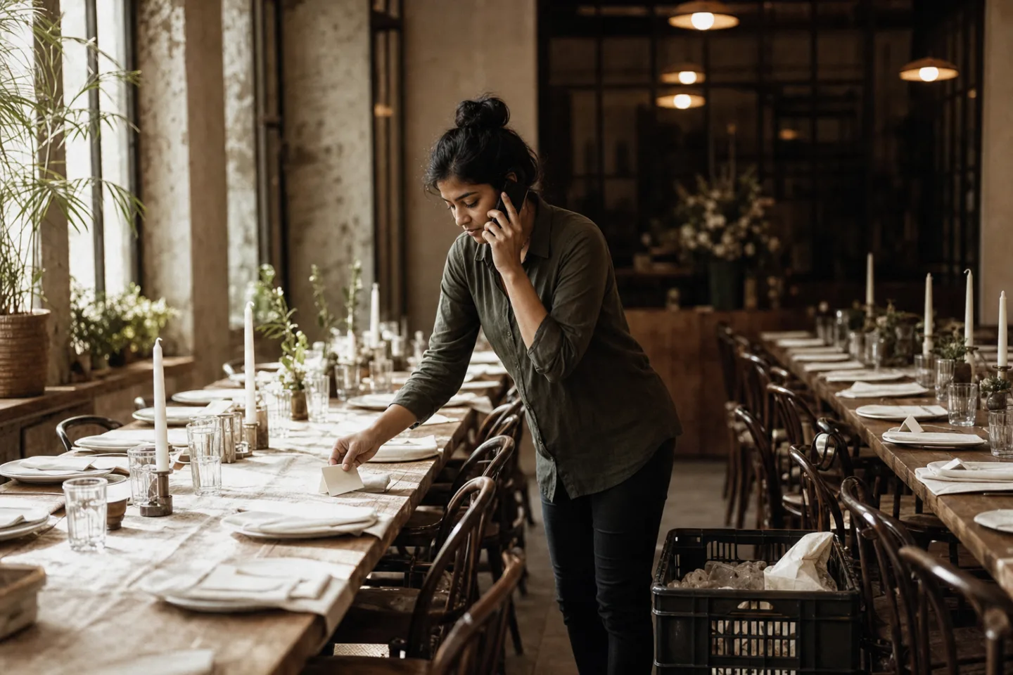 Priya replies on her phone while preparing place settings for an event.