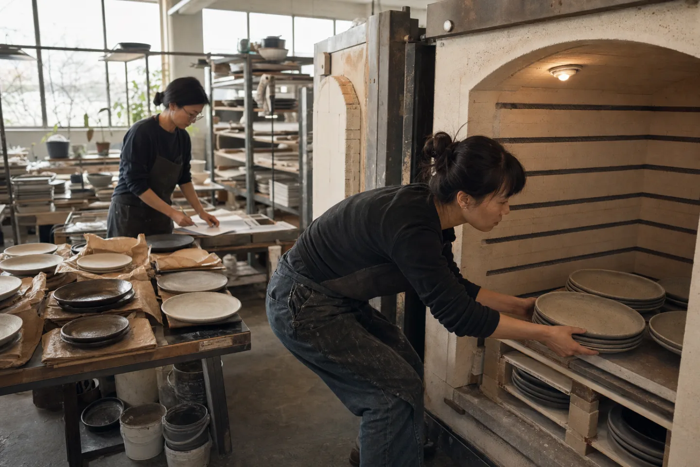 Lina loads a ceramics kiln while another maker checks finished restaurant pieces.
