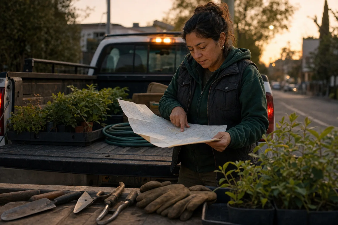 Carmen reviews a paper route map at a truck tailgate before sunrise.