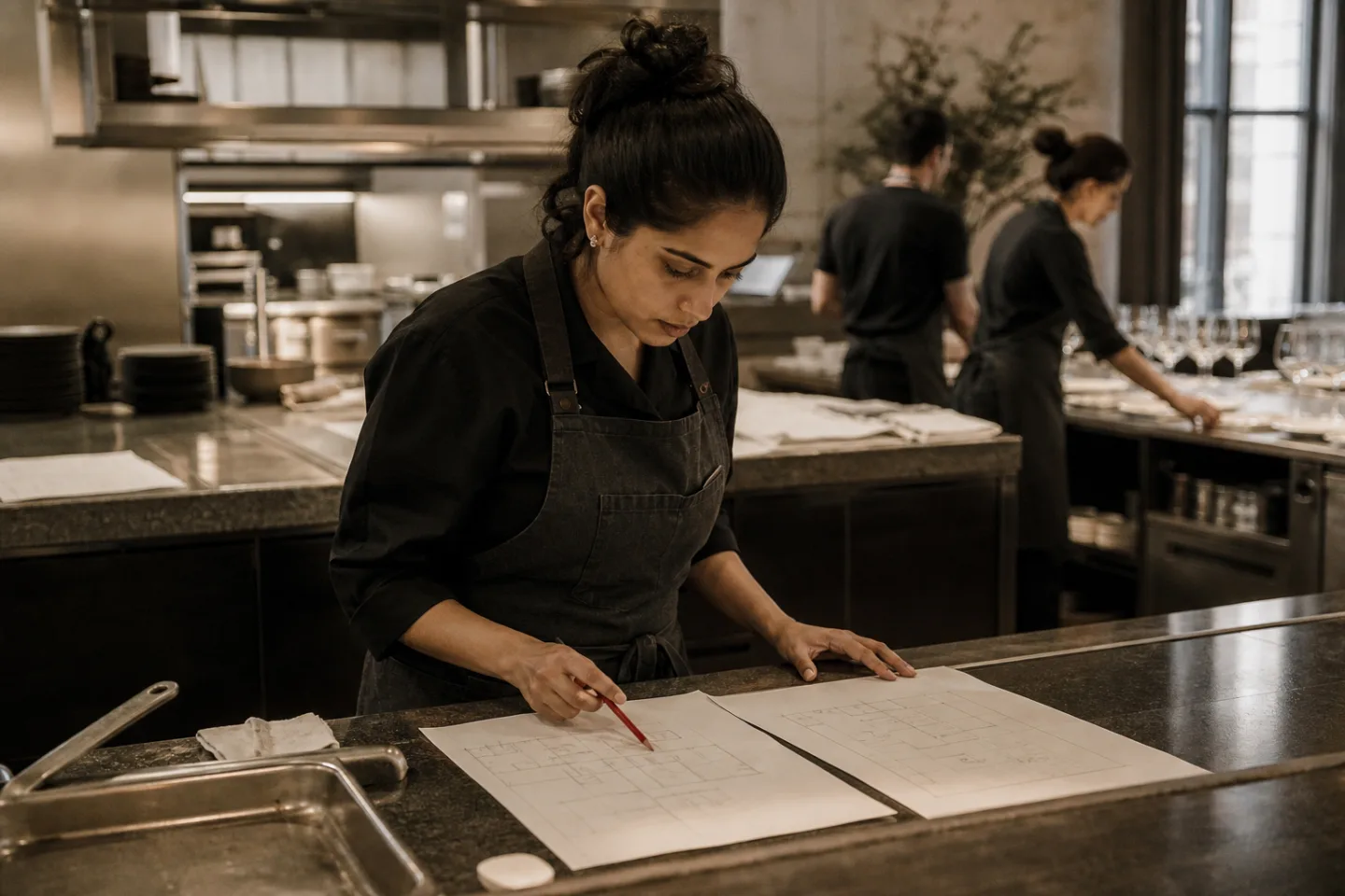 Priya compares two event floor plans with a red pencil at a catering pass.