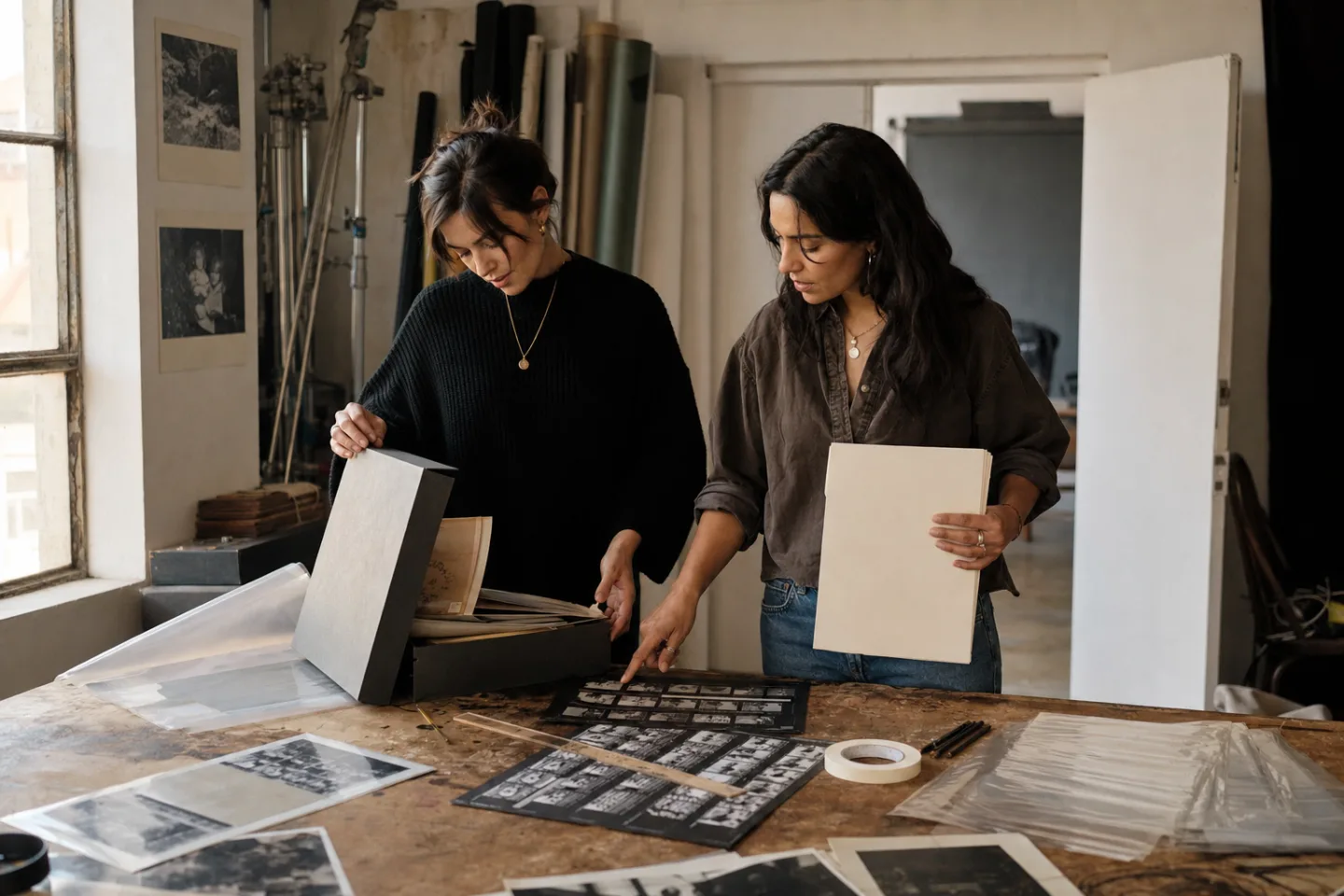 Sofia and Maya compare a new campaign brief with archived contact sheets in the studio.