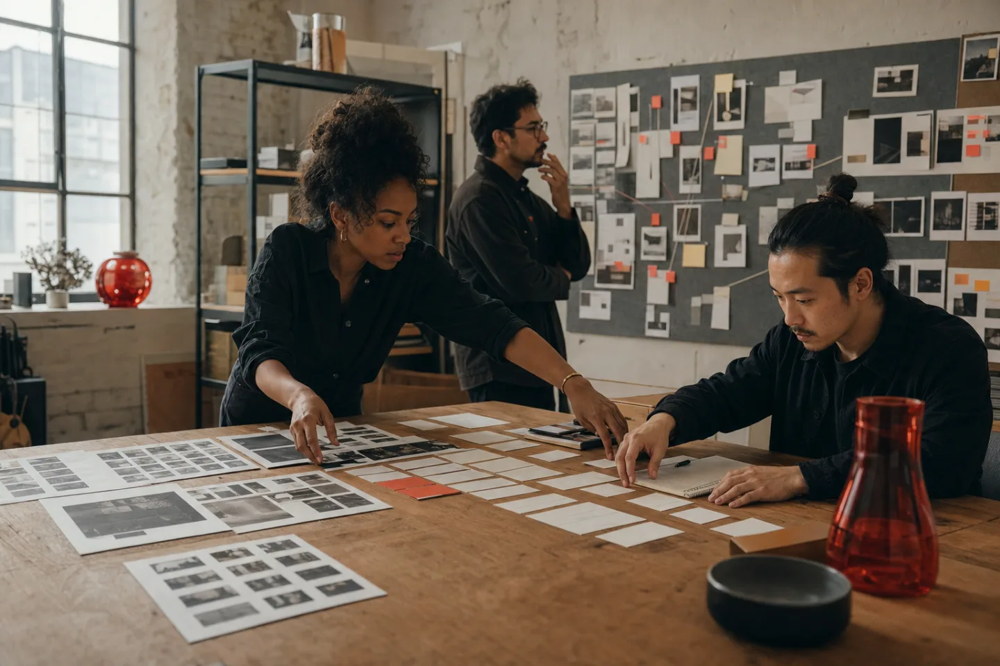 Sepia Labs researchers assemble source packets and client notes at the long office worktable.