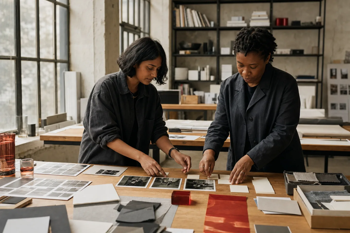 The Sepia Labs campaign team studies contact sheets and audience notes around a daylight worktable.