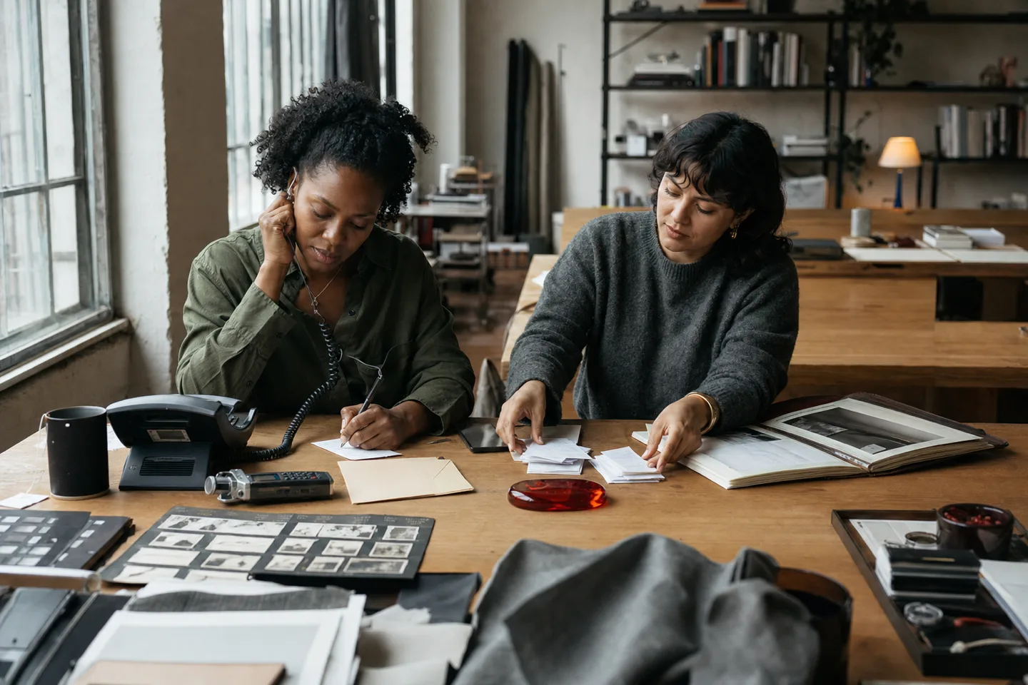 A Sepia Labs conversation researcher reviews call notes with a teammate in the office listening room.