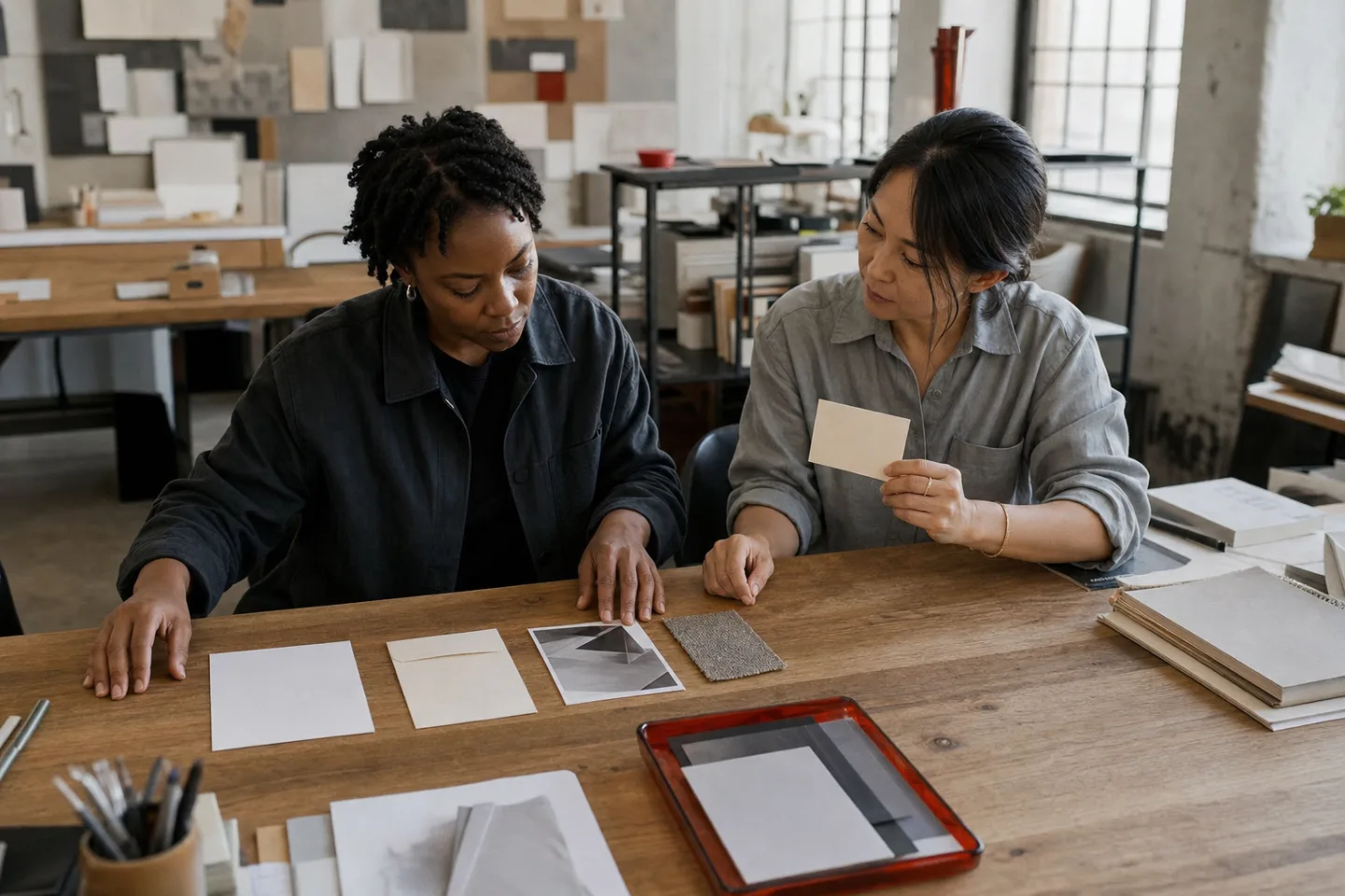 A Sepia Labs operator organizes an intake packet in a quiet review bay with a colleague nearby.