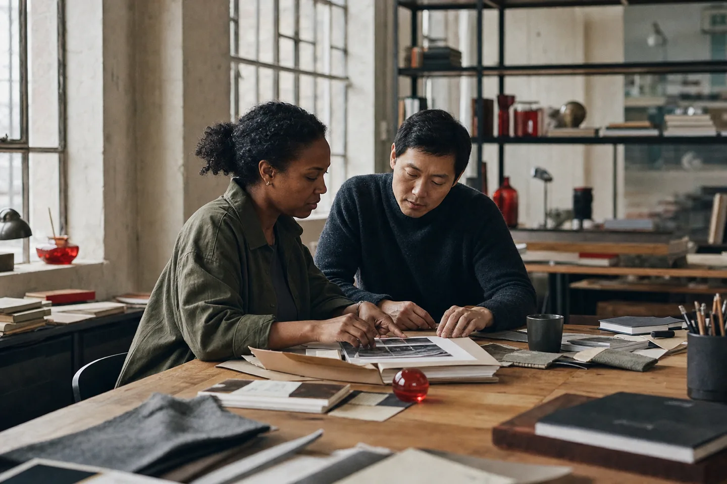 Two Sepia Labs researchers trace a client journey across notes and printed project materials at the long office worktable.
