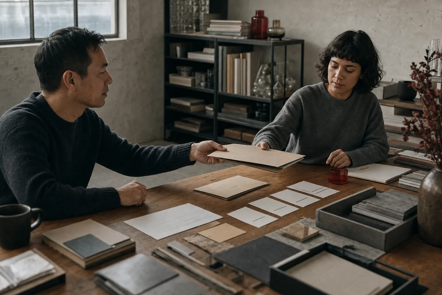 Sepia Labs operators arrange a physical workflow across the office project wall and oak table.