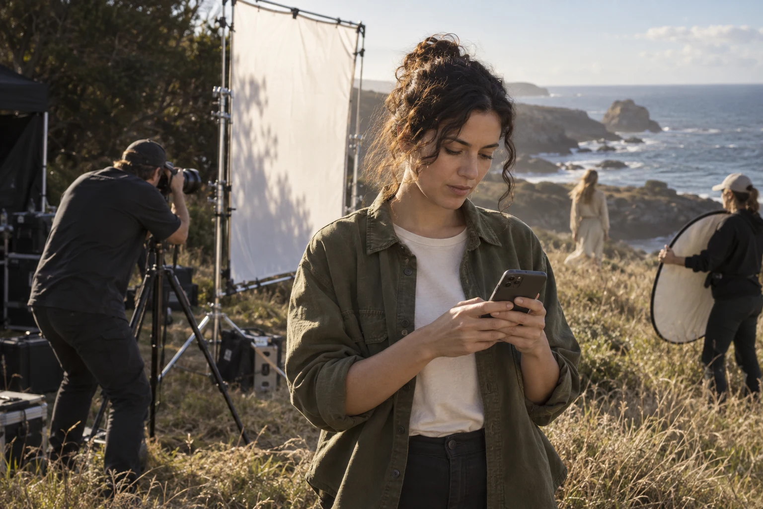 A creative producer using her phone between takes on an outdoor photo shoot