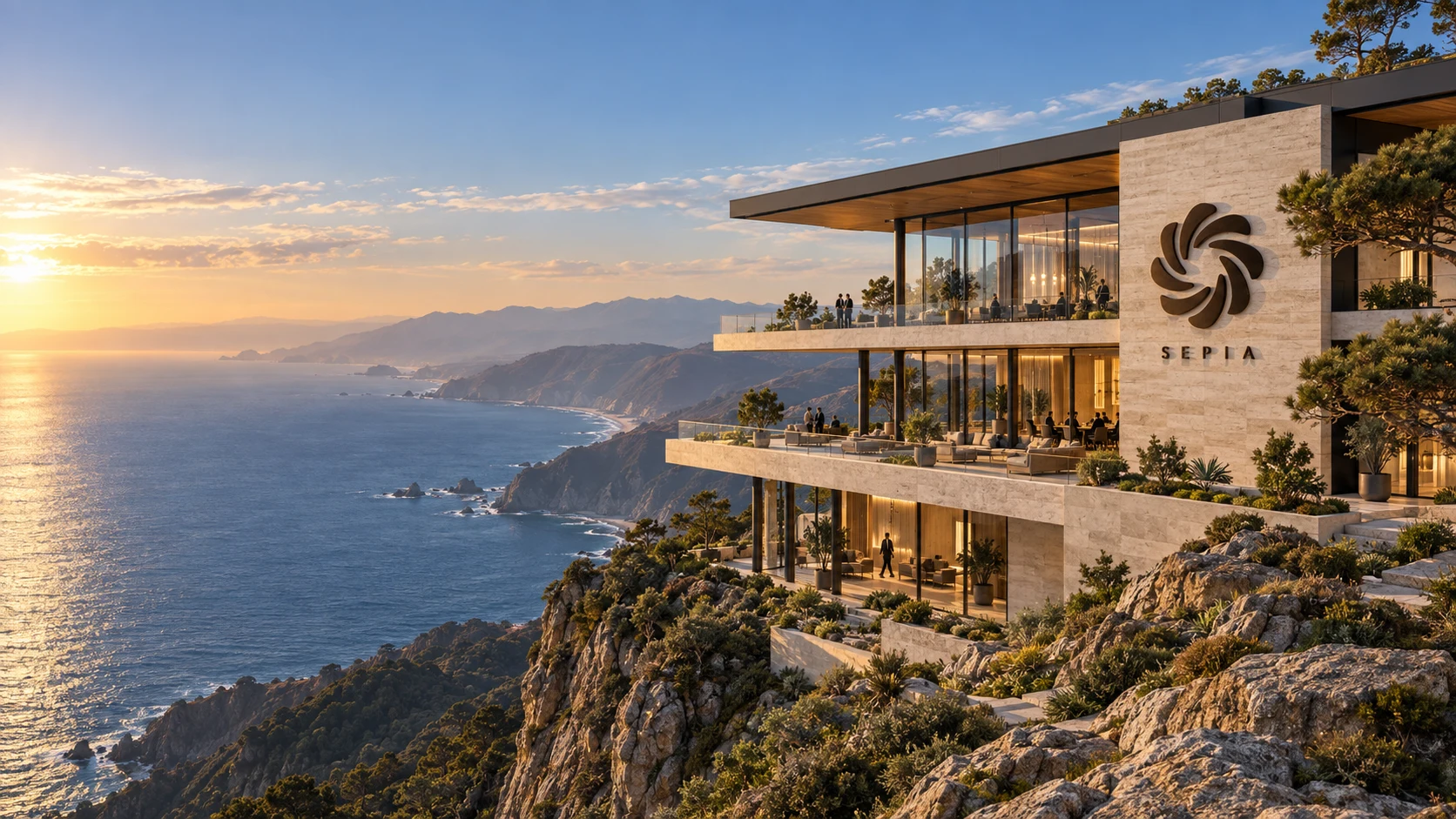 An imagined Sepia headquarters: glass terraces and warm limestone on a coastal mountain overlooking the ocean
