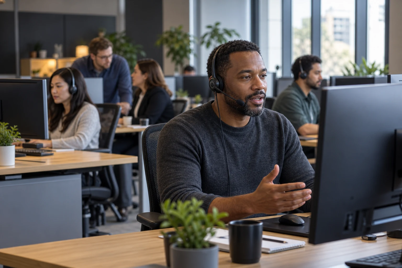 A client-services specialist on a headset with a customer-relations team working behind him