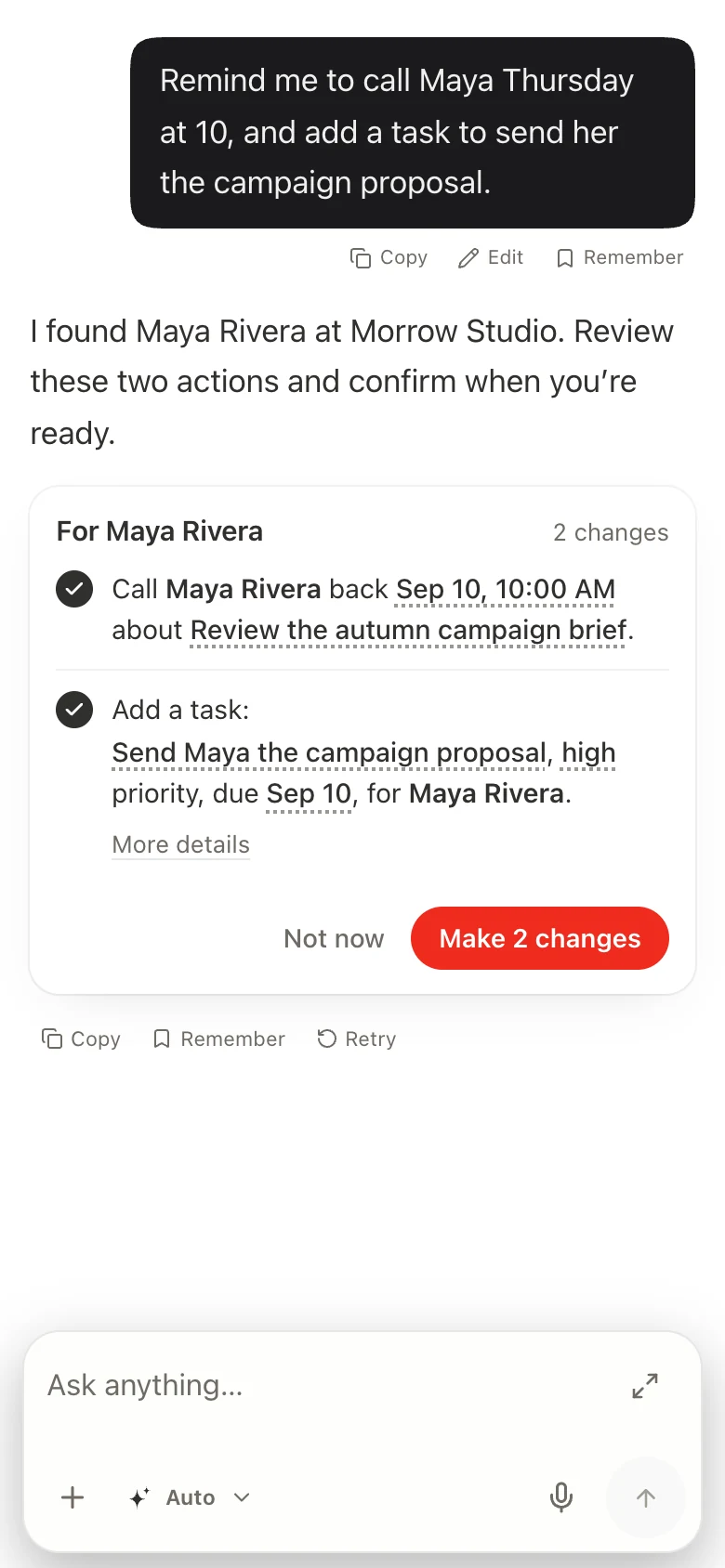 Current Sepia Chat on a phone, showing a callback and proposal task ready for review for illustrative client Maya Rivera