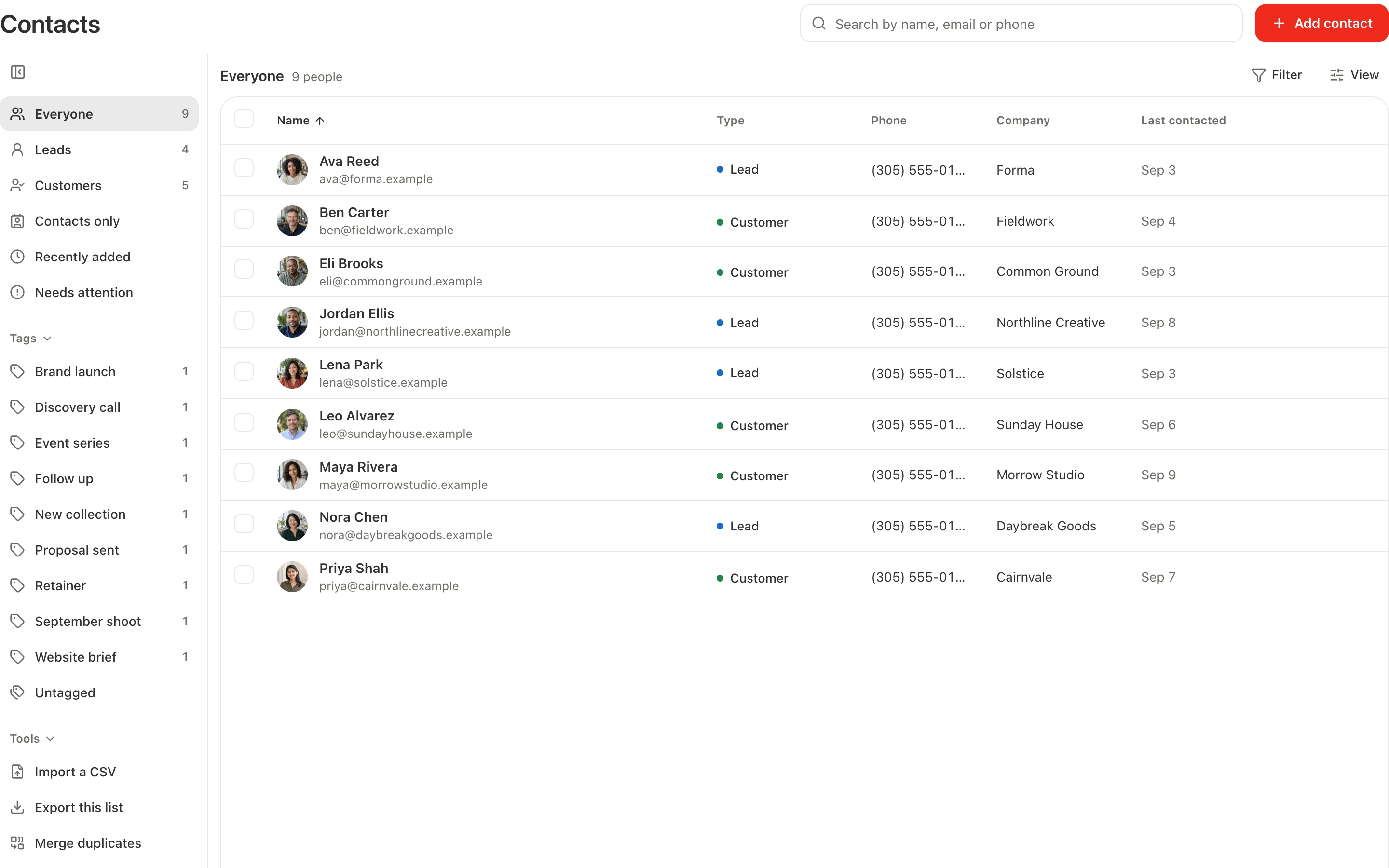 Redesigned Contacts page showing separate leads and customers with synthetic client records