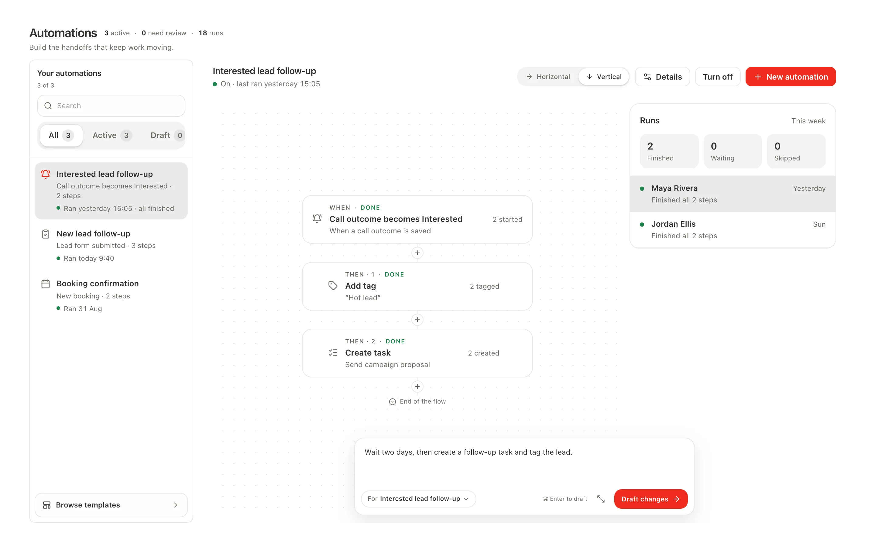 Actual Sepia automation chat builder with an illustrative unsent request to add a wait, task and tag to the current flow