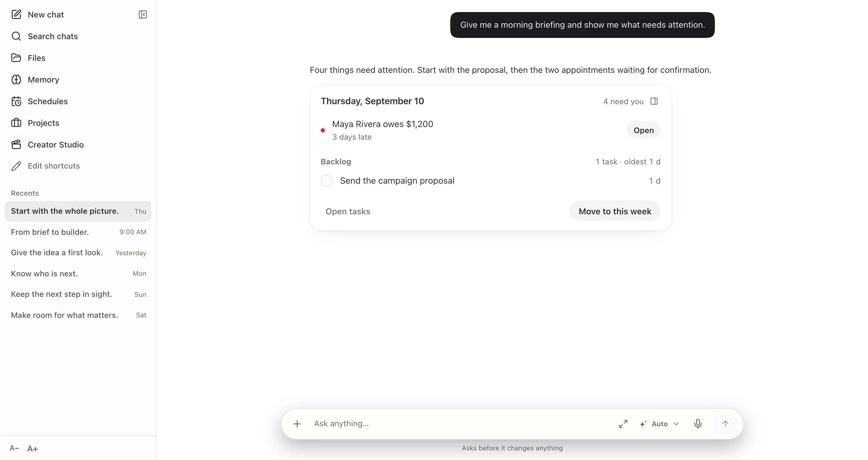 Sepia Chat showing a daily briefing with appointments, overdue tasks and an outstanding invoice