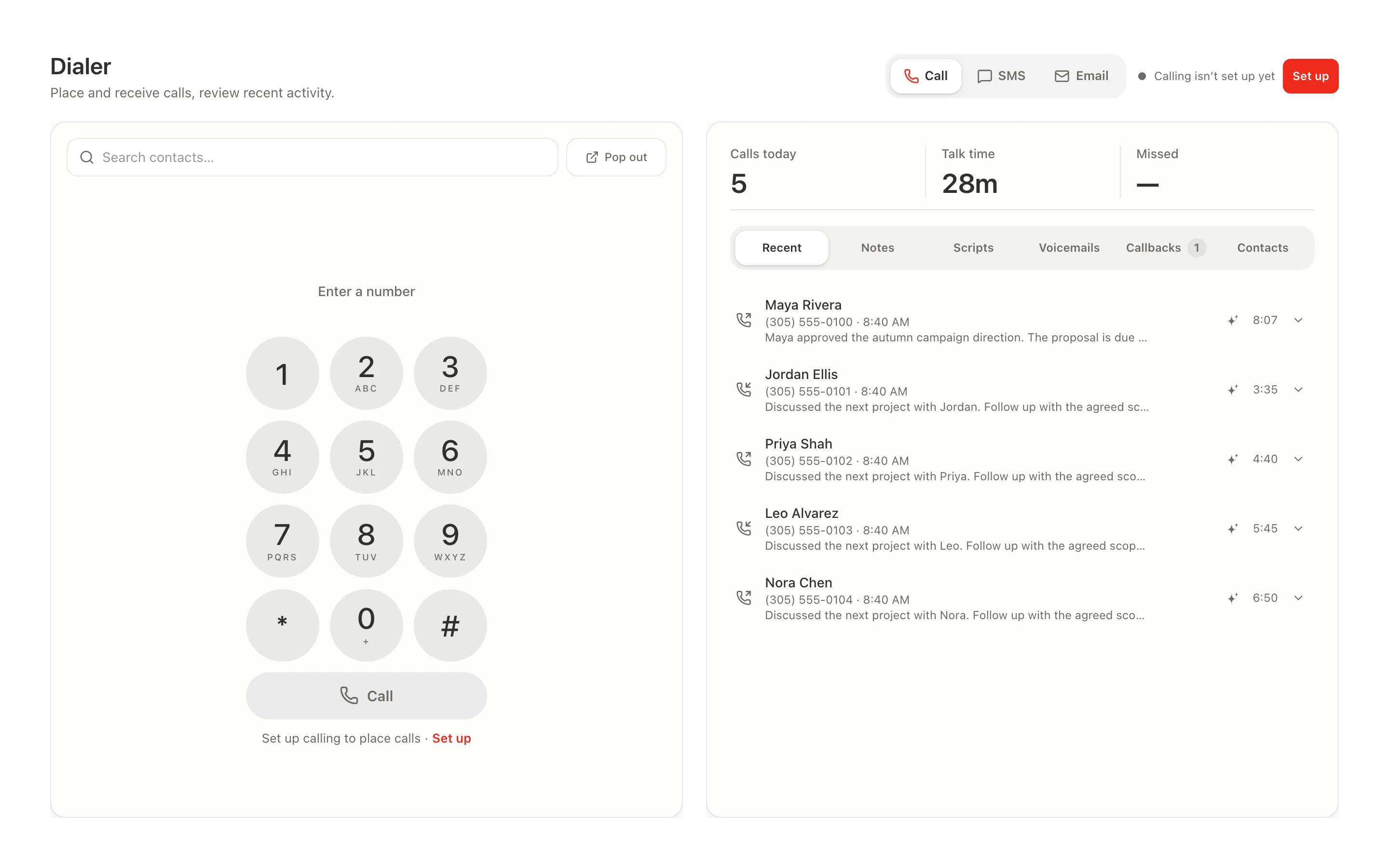 Actual Sepia Dialer with keypad, contacts and recent calls for the fictional Morrow Studio team