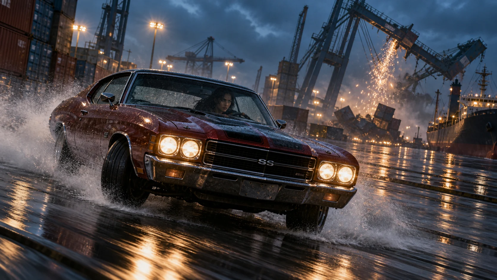 An original action-film still of a high-speed night chase